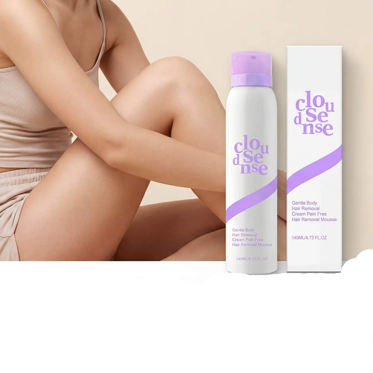 CloudSense Gentle Body Hair Remover Mousse bottle and box shown next to a cropped model, with Dutch promotional text below on a beige background.